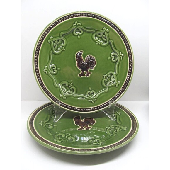 Cracker Barrel Elegant Rooster Green Set Of Two 9 1/4" Salad Plates - Picture 1 of 10